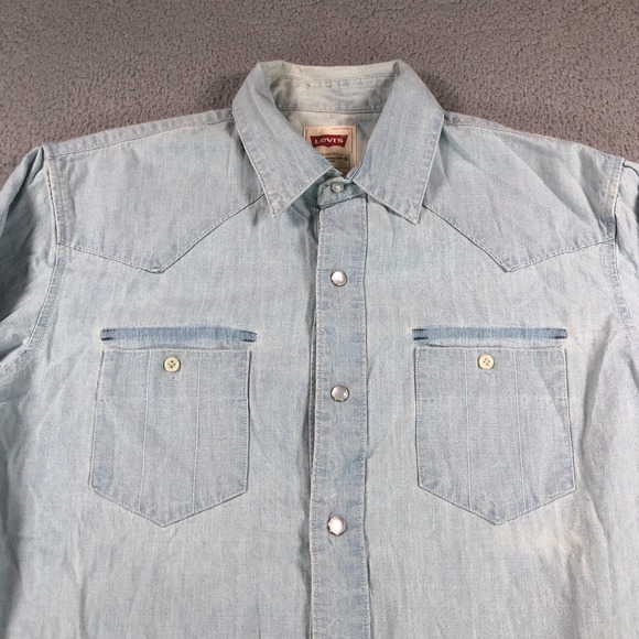 Levis Shirt Adult Medium Blue Denim Pearl Snap Western Rodeo Cowboy Heavy Cotton - Picture 3 of 13